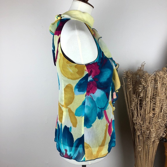 BCX Ruffle Keyhole Floral Sleeveless Halter Blouse Medium Blue Yellow - Picture 3 of 10